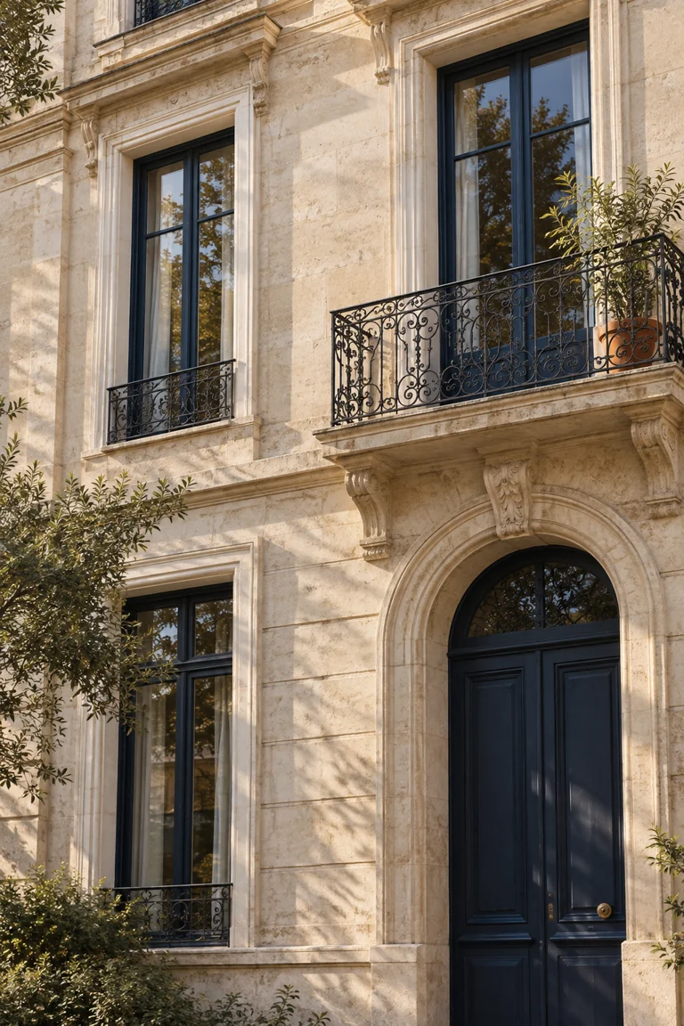 Façade résidentielle en pierre claire avec fenêtres bleu marine et balcons végétalisés, illustration d’ambiance.